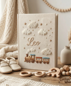 Embroidered Little Train Linen Photo Album , Custom Baby Memory Book,
