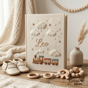 Embroidered Little Train Linen Photo Album , Custom Baby Memory Book,