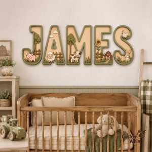 Custom Baby Name Sign Farm Theme, Personalized Wooden Nursery Decor, Farm Animals Wall Art