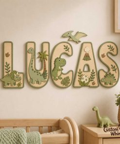Personalized Dinosaur Name Sign for Nursery, Custom Wooden Baby Name Sign