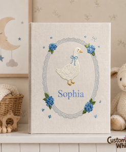 Personalized Embroidered Baby's Photo Album, Custom Goose & Hydrangea Moti