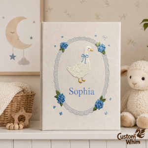 Personalized Embroidered Baby's Photo Album, Custom Goose & Hydrangea Moti