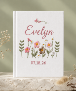 Personalized Embroidered Linen Photo Album, Custom Floral Name Memory Book, Baby Wedding Keepsake