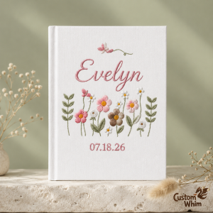 Personalized Embroidered Linen Photo Album, Custom Floral Name Memory Book, Baby Wedding Keepsake
