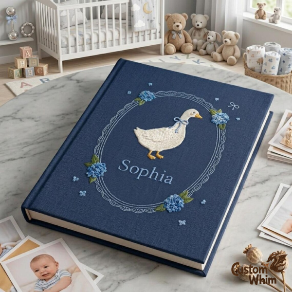 Personalized Embroidered Baby's Photo Album, Custom Goose & Hydrangea Moti - Image 3
