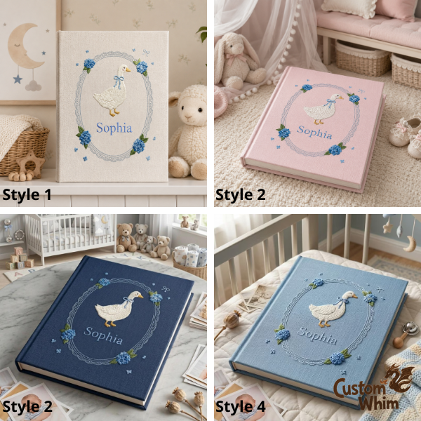 Personalized Embroidered Baby's Photo Album, Custom Goose & Hydrangea Moti - Image 5