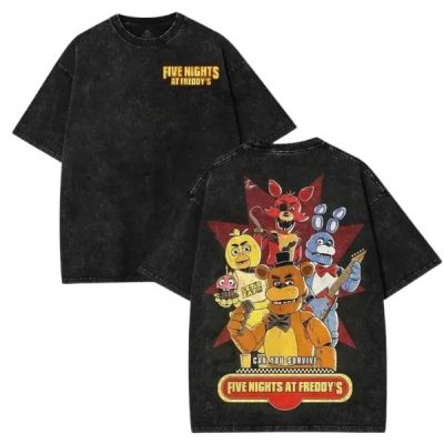 Vintage Washed Black Five Nights at Freddy's FNAF Printed Men's T-Shirt