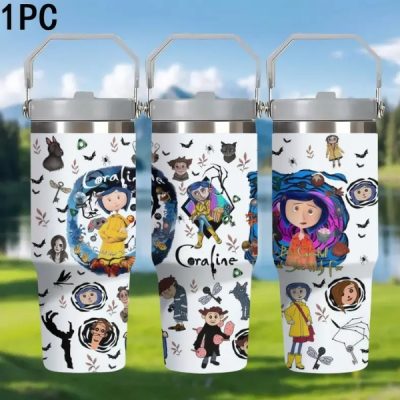 1pc 30oz Coraline Stainless Steel Insulated Thermal Flask Cup with Handle, Large Capacity Travel Mug Tumbler for Fans