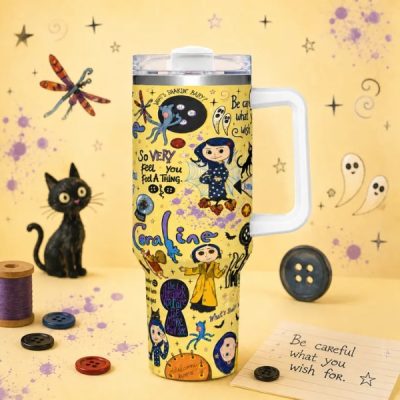 1pc 40oz Stainless Steel Vacuum Flask Water Bottle, Coraline Cartoon Style Insulated Travel Mug with Lid and Straw