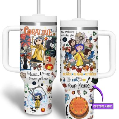 Coraline 40oz Tumbler Stainless Steel with Straw, Double Wall Insulated, With Handle – Epic Cartoon Movies Series Design, Perfect Gift for Fans
