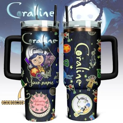 Coraline 40oz Tumbler Stainless Steel with Straw, Double Wall Insulated, With Handle – Epic Cartoon Movies Series Design, Perfect Gift for Fans