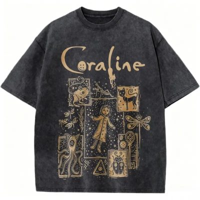 180g[100%cotton]Coraline Movie Vintage Washed Oversized T-Shirt Horror Fantasy Graphic Tee Casual Streetwear For Men Women