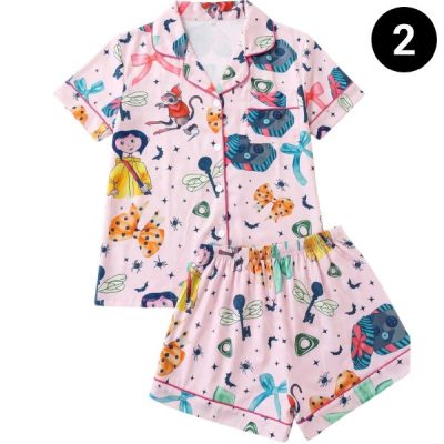 Two-Piece Matching Cartoon Fantasy Print Women's Pjs Pajama Set, Soft Satin Fabric, Collared Button Short-Sleeve Top & Shorts, Elegant Sleepwear