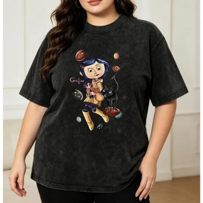 Coraline Cat Planets Women's Vintage Washed T-Shirt Coraline Cartoon Character Print Design Oversized Graphic Tee Outdoor Casual Short Sleeve