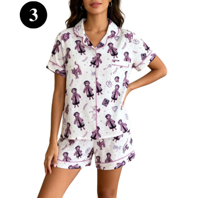 Ladies Coraline Print Short Sleeve Pajama Set, Comfortable Soft Sleepwear and Loungewear, Cute Fit Pjs for Summer