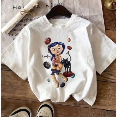Coraline And Black Cat Graphic T-Shirt, Vintage Horror Cartoon Button Print Short Sleeve Tee, Casual Unisex Movie Fan Streetwear Top