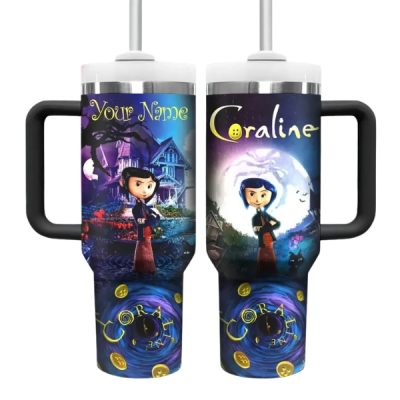 Black Coraline V 40oz Tumbler Stainless Steel with Straw, Double Wall Insulated, With Handle