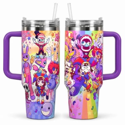 1 Pc 40oz The Amazing Digital Circus Colorful Cartoon Insulated Tumbler with Handle, Double Wall Vacuum Travel Mug, Cute Character Design Coffee Cup, Perfect for Office, School, Travel, Daily Use, Birthday, Christmas & Holiday Gifts